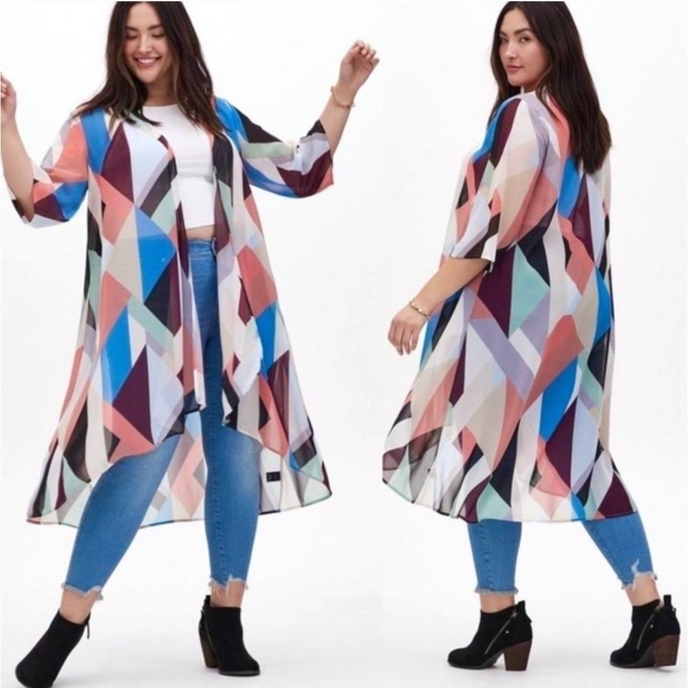 Torrid 1-2‎ Multi Colored Sheer Chiffon Abstract Geometric Duster Flowy Whimsy